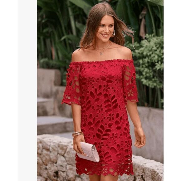 NWT Pretty Garden Red Eyelet Overlay Off / On Shoulder Dress Lined Size Small - Picture 1 of 10